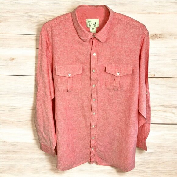 DXL True Nation Linen Blend Roll Tab Long Sleeve‎ Button Down Shirt - Picture 1 of 8